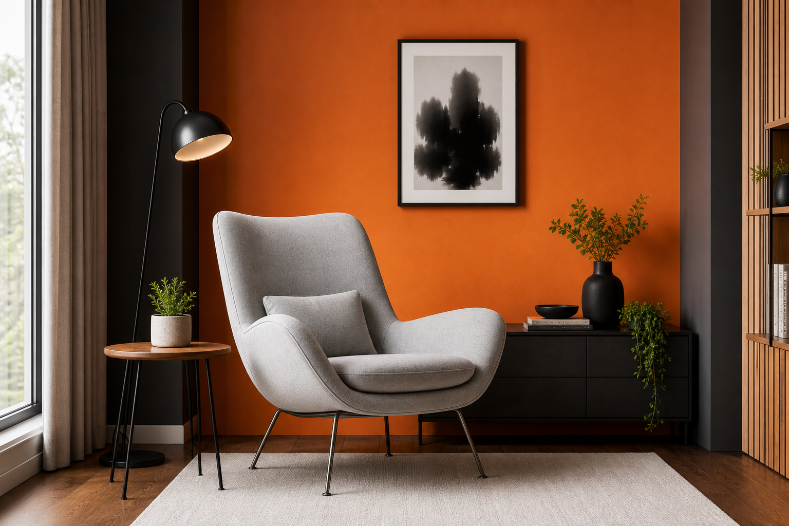 Premium retail environment with warm materials and custom shelving